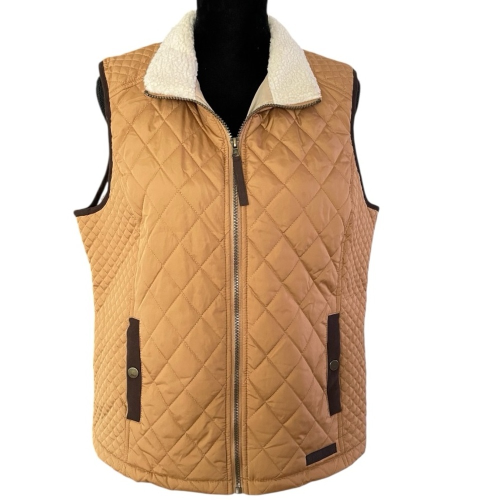 G.H. BASS Company Women Caramel Brown Quilted Full Zip Vest Petite Medium Sherpa